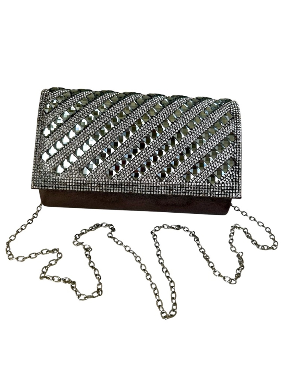Rhinestone Gunmetal Gray Evening Purse Clutch Shoulder Chain Snap Close RSVP